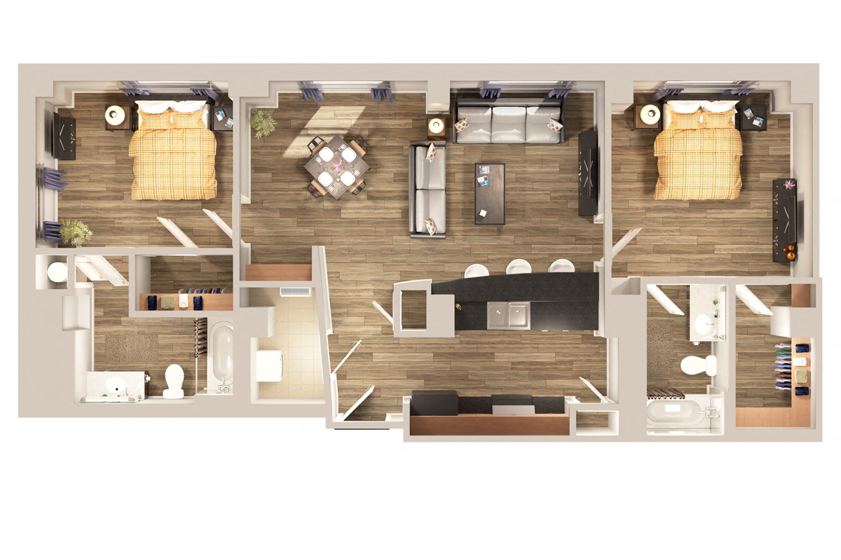 Floor plan for 2 beds, 2 baths, 1044 sqft